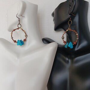 Handmade Beaded Hoop Earrings With Faux Turquoise Beads Brown Beads Mixed Metals